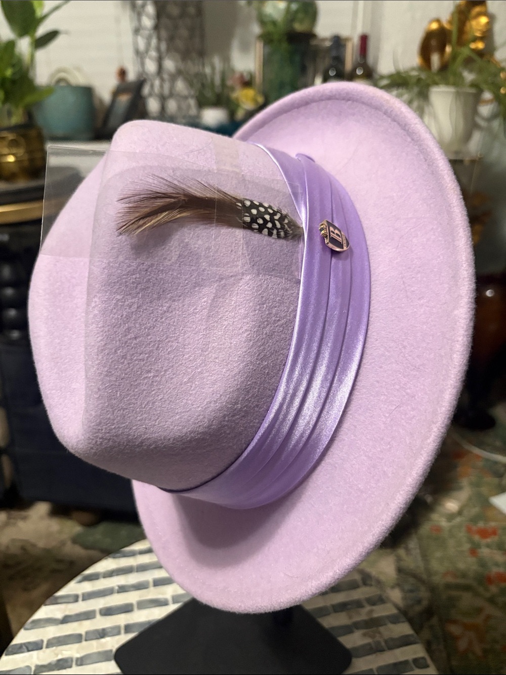 NWT Lavender Fedora 100% Australian wool‎ Hat with Feather Accent